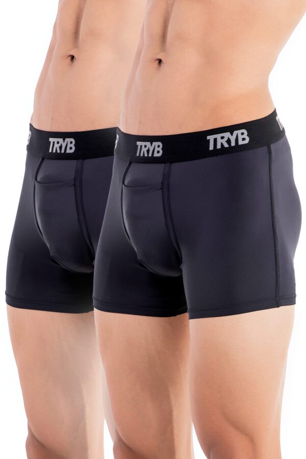 TRYB Mens Sport Performance Stretch Quick Dry Moisture Wicking Athletic Active Square Cut Compression Boxer Trunk (Pack of 2)