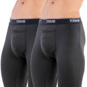 TRYB Mens Compression Shorts Long Leg Performance Underwear Spandex Running Workout Athletic Quick Dry Tights Boxer Brief Trunk (Pack of 2)