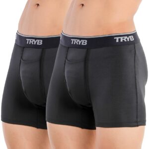 TRYB Mens Sport Performance Stretch Underwear Quick Dry Moisture Wicking Athletic Active Kooltex Square Cut Boxer Trunk - Pack of 2