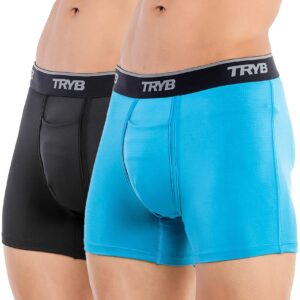 TRYB Mens Sport Performance Stretch Underwear Quick Dry Moisture Wicking Athletic Active Kooltex Square Cut Boxer Trunk - Pack of 2