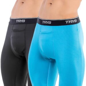 TRYB Mens Compression Shorts Long Leg Performance Underwear Spandex Running Workout Athletic Quick Dry Tights Boxer Brief Trunk (Pack of 2)