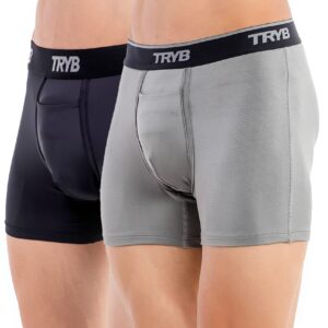 TRYB Mens Sport Performance Stretch Quick Dry Moisture Wicking Athletic Active Square Cut Compression Boxer Trunk (Pack of 2)