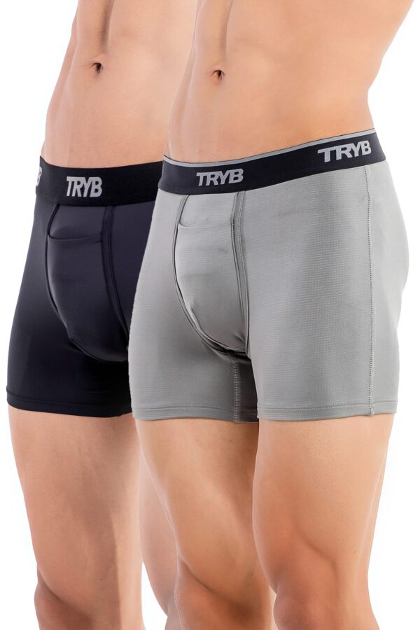 TRYB Mens Sport Performance Stretch Quick Dry Moisture Wicking Athletic Active Square Cut Compression Boxer Trunk (Pack of 2)