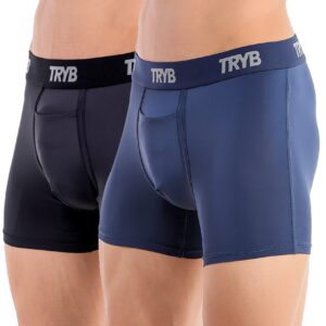 TRYB Mens Sport Performance Stretch Quick Dry Moisture Wicking Athletic Active Square Cut Compression Boxer Trunk (Pack of 2)