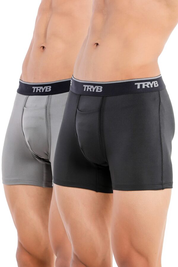 TRYB Mens Sport Performance Stretch Underwear Quick Dry Moisture Wicking Athletic Active Kooltex Square Cut Boxer Trunk - Pack of 2