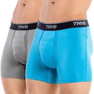 TRYB Mens Sport Performance Stretch Underwear Quick Dry Moisture Wicking Athletic Active Kooltex Square Cut Boxer Trunk - Pack of 2