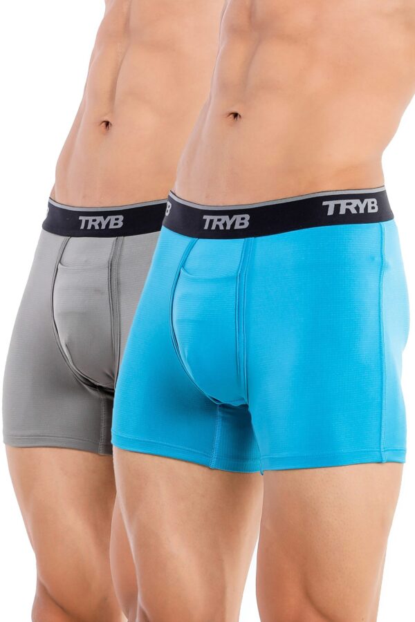 TRYB Mens Sport Performance Stretch Underwear Quick Dry Moisture Wicking Athletic Active Kooltex Square Cut Boxer Trunk - Pack of 2