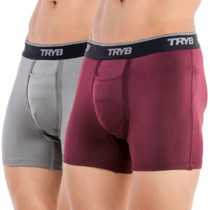 TRYB Mens Sport Performance Stretch Underwear Quick Dry Moisture Wicking Athletic Active Kooltex Square Cut Boxer Trunk - Pack of 2