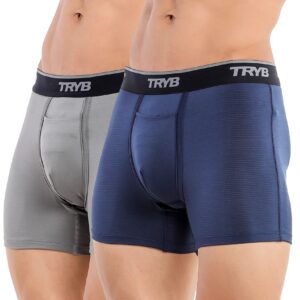 TRYB Mens Sport Performance Stretch Underwear Quick Dry Moisture Wicking Athletic Active Kooltex Square Cut Boxer Trunk - Pack of 2