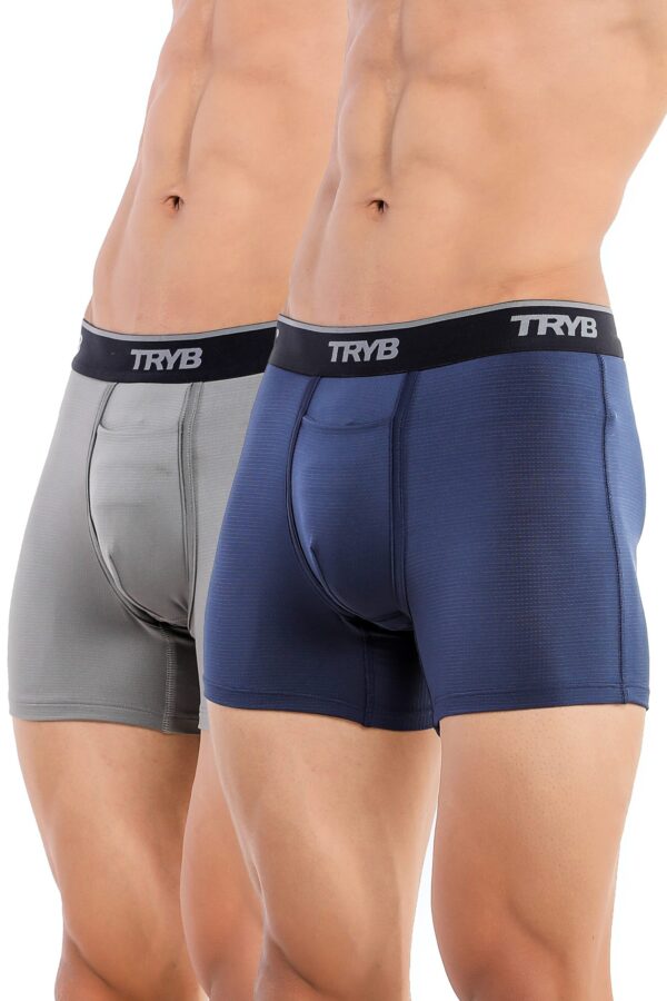 TRYB Mens Sport Performance Stretch Underwear Quick Dry Moisture Wicking Athletic Active Kooltex Square Cut Boxer Trunk - Pack of 2