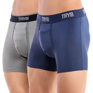 TRYB Mens Sport Performance Stretch Quick Dry Moisture Wicking Athletic Active Square Cut Compression Boxer Trunk (Pack of 2)