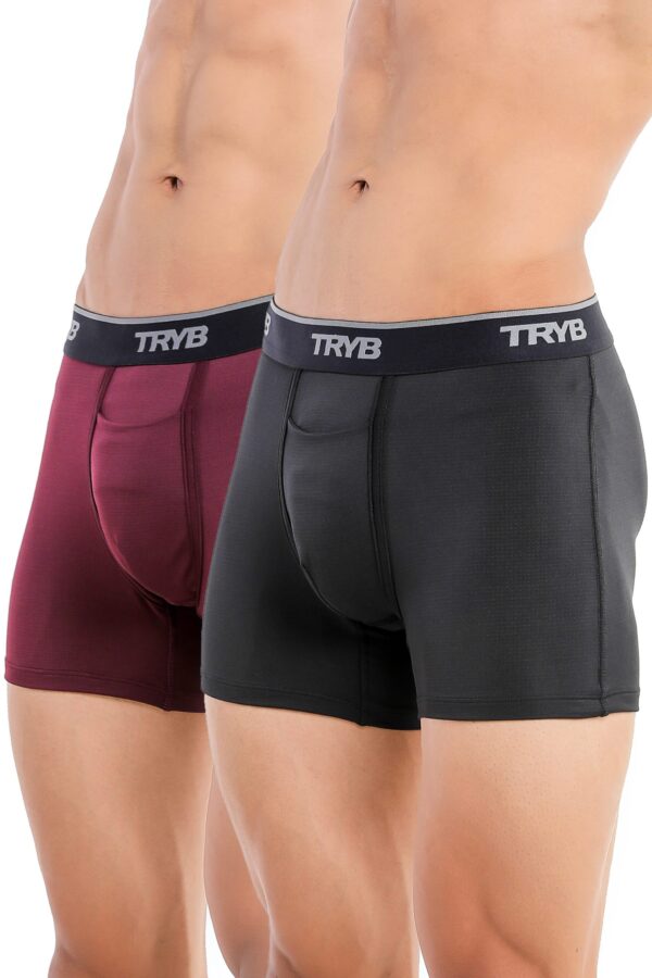 TRYB Mens Sport Performance Stretch Underwear Quick Dry Moisture Wicking Athletic Active Kooltex Square Cut Boxer Trunk - Pack of 2