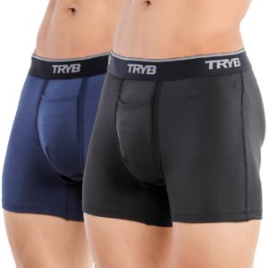 TRYB Mens Sport Performance Stretch Underwear Quick Dry Moisture Wicking Athletic Active Kooltex Square Cut Boxer Trunk - Pack of 2