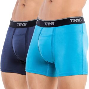 TRYB Mens Sport Performance Stretch Underwear Quick Dry Moisture Wicking Athletic Active Kooltex Square Cut Boxer Trunk - Pack of 2