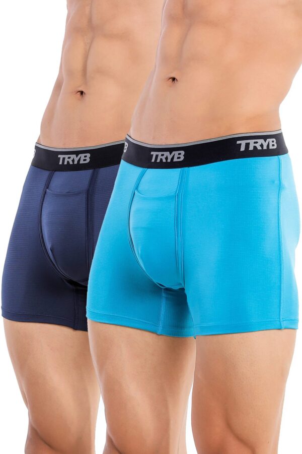 TRYB Mens Sport Performance Stretch Underwear Quick Dry Moisture Wicking Athletic Active Kooltex Square Cut Boxer Trunk - Pack of 2