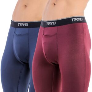 TRYB Mens Compression Shorts Long Leg Performance Underwear Spandex Running Workout Athletic Quick Dry Tights Boxer Brief Trunk (Pack of 2)