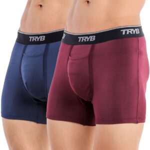 TRYB Mens Sport Performance Stretch Underwear Quick Dry Moisture Wicking Athletic Active Kooltex Square Cut Boxer Trunk - Pack of 2