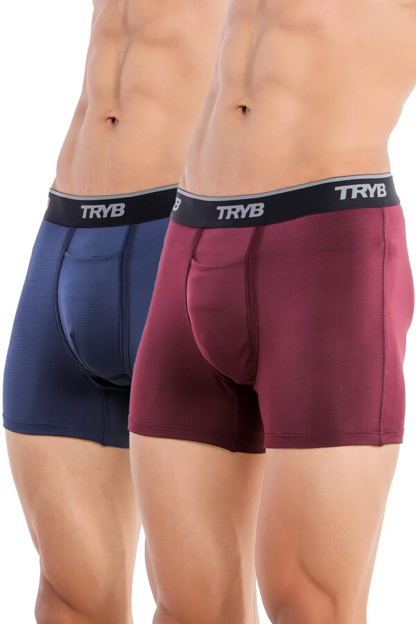 TRYB Mens Sport Performance Stretch Underwear Quick Dry Moisture Wicking Athletic Active Kooltex Square Cut Boxer Trunk - Pack of 2