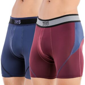 TRYB Mens Sport Performance Stretch Quick Dry Moisture Wicking Compression Athletic Two Tone Active Boxer H Trunk (Pack of 2)