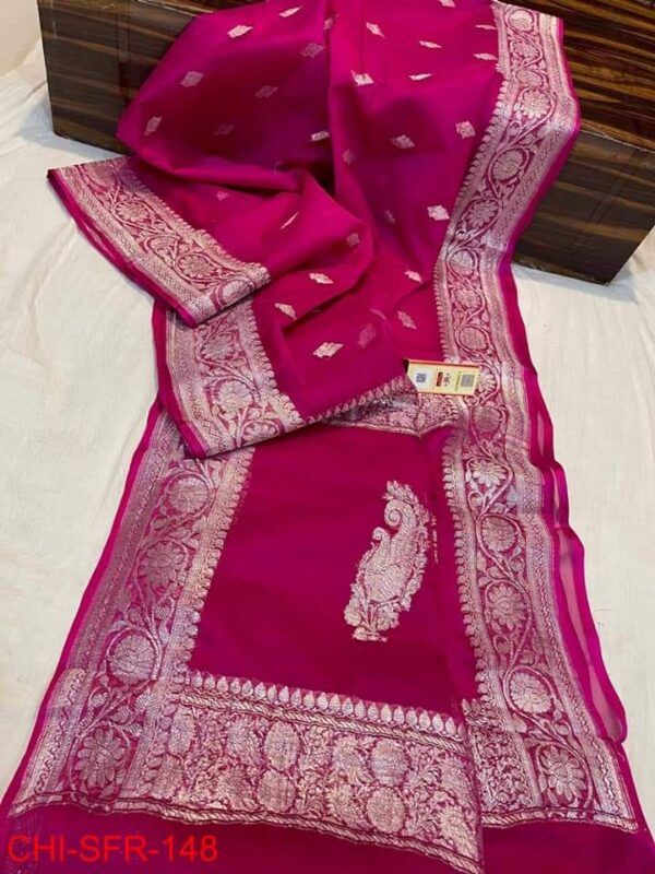 Banaras Pure Handloom Khaddi Georgette Silk With Silver Zari Weaved Saree