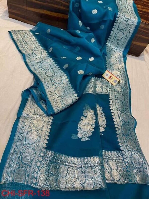 Banaras Pure Handloom Khaddi Georgette Silk With Silver Zari Weaved Saree