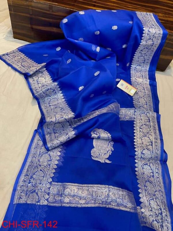 Banaras Pure Handloom Khaddi Georgette Silk With Silver Zari Weaved Saree