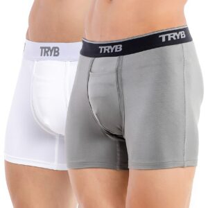 TRYB Mens Sport Performance Stretch Quick Dry Moisture Wicking Athletic Active Square Cut Compression Boxer Trunk (Pack of 2)