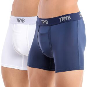 TRYB Mens Sport Performance Stretch Quick Dry Moisture Wicking Athletic Active Square Cut Compression Boxer Trunk (Pack of 2)