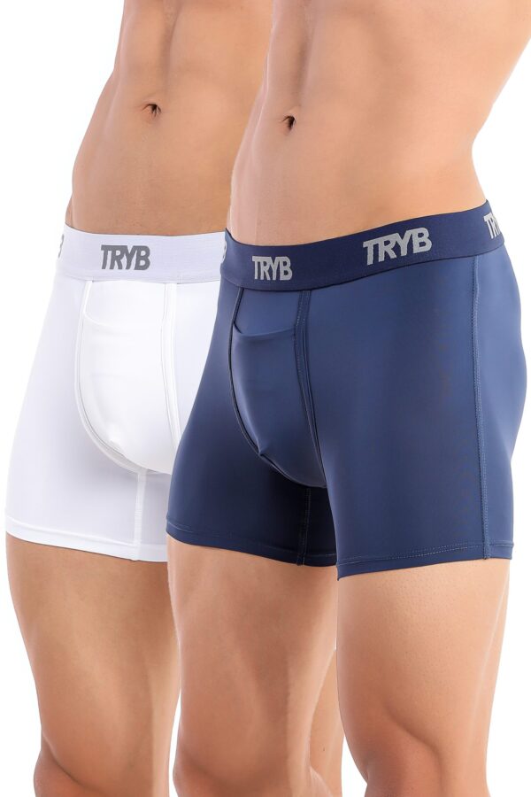 TRYB Mens Sport Performance Stretch Quick Dry Moisture Wicking Athletic Active Square Cut Compression Boxer Trunk (Pack of 2)