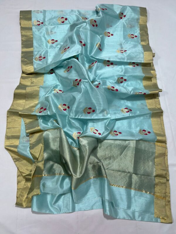 Pure Handloom Chanderi Pattu Katan Silk with tilfi meena weaved leaf weaved Saree.