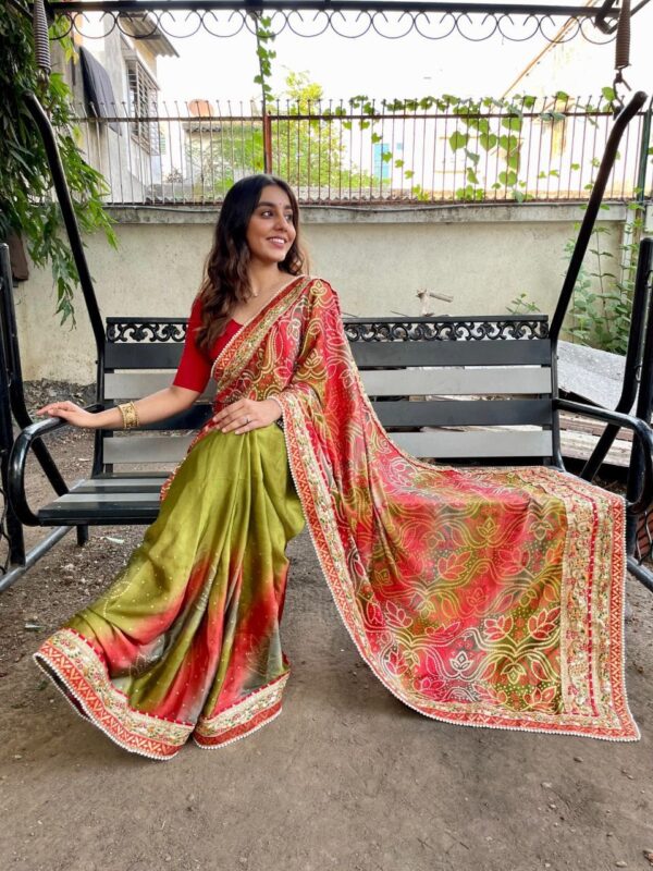 Moss Chiffon Saree with Beautiful Half Half Bandhani Print