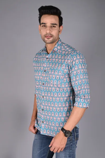 Sky Blue Printed Cotton Shirt