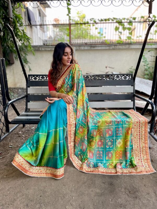 Moss Chiffon Saree with Beautiful Half Half Bandhani Print