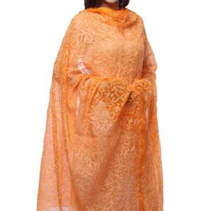 Orange and White Georgette Chikankari Dupatta