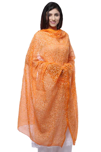 Orange and White Georgette Chikankari Dupatta