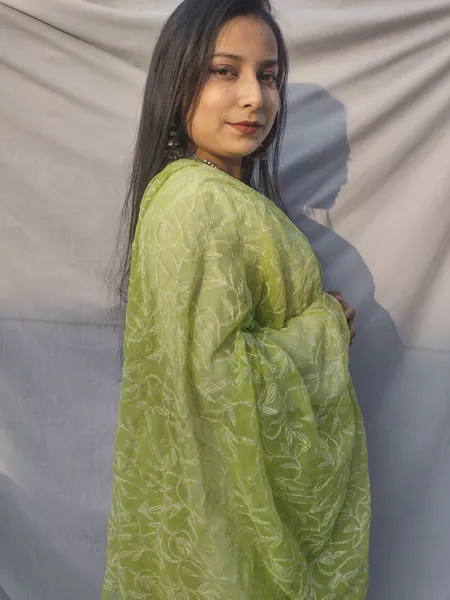 Green and White Georgette Chikankari Dupatta