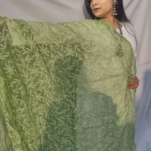 Green and White Georgette Chikankari Dupatta