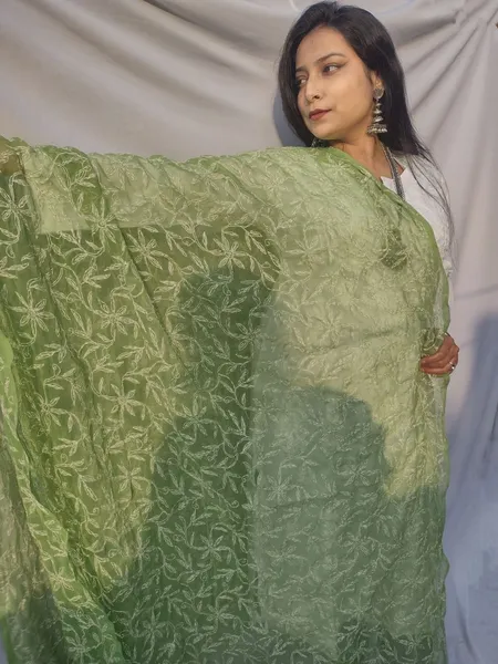 Green and White Georgette Chikankari Dupatta