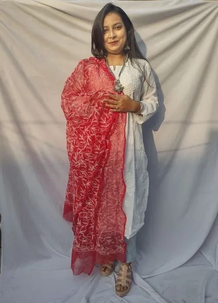 Red and White Georgette Chikankari Dupatta