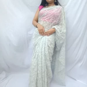 Grey Chiffon Tapchi Embroidered Saree