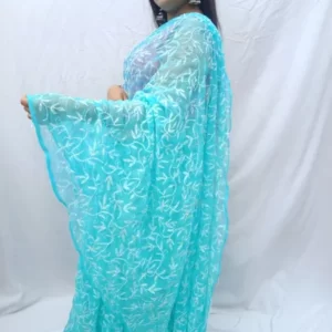 Chiffon Tepchi Embroidered Saree Aqua Blue