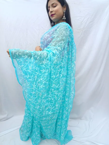 Chiffon Tepchi Embroidered Saree Aqua Blue