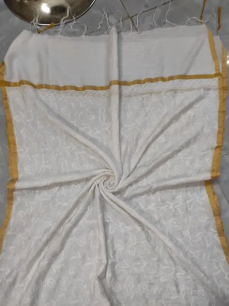 Pure Chanderi Chikan Tapchi Jaal Duppatta ( Dyeable)