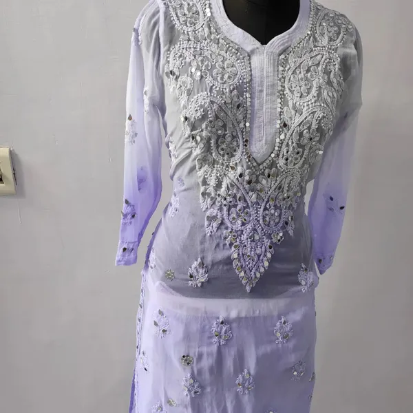 Purple Long Georgette Chikan Shimmery Kurti Set