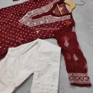 Rose Keel Jaal Chikan Kurta And Chikan Pant Set