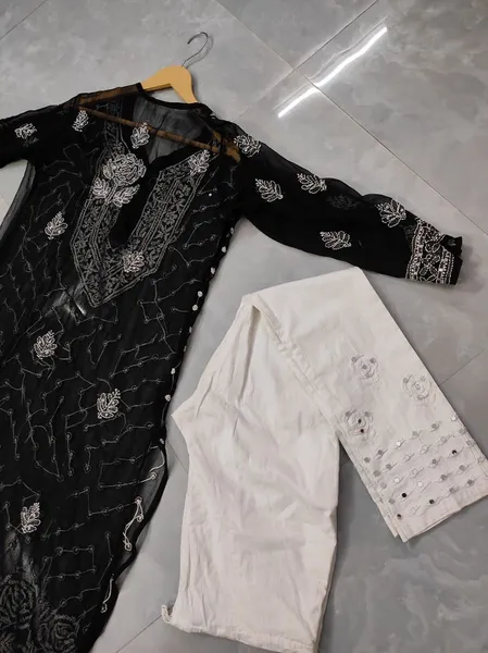 Rose Keel Jaal With Mirror And Jerkan Chikankari Set