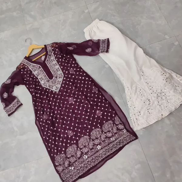 Wine Chiffon Chikan Kurta Sharara Set