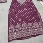 Wine Chiffon Chikan Kurta Sharara Set