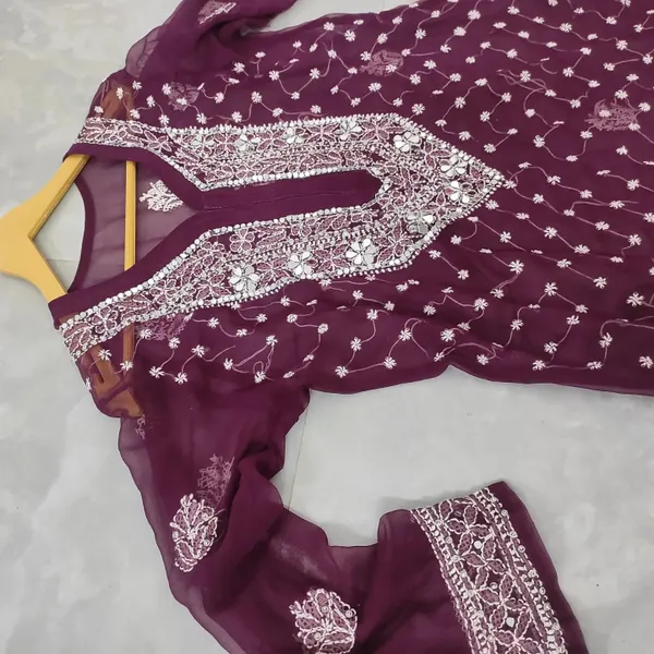 Wine Chiffon Chikan Kurta Sharara Set