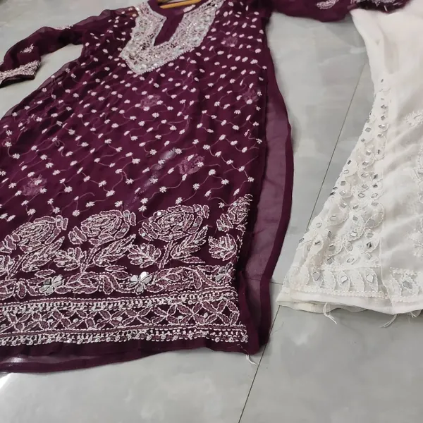 Wine Chiffon Chikan Kurta Sharara Set